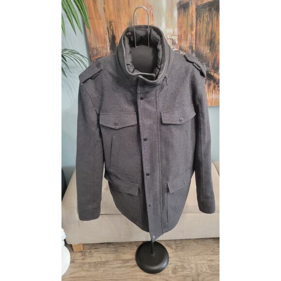 GUESS Men’s Jacket Coat Size Large L Charcoal Gray Wool Blend Detachable Puffer - Picture 1 of 7